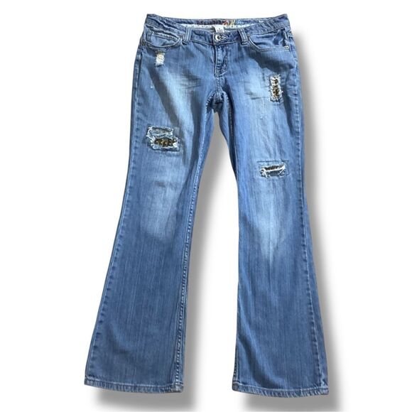 Y2K 90’s Vintage Mudd Light Wash Distressed Holed Patchwork Bootcut Jeans Women’ - Picture 2 of 14